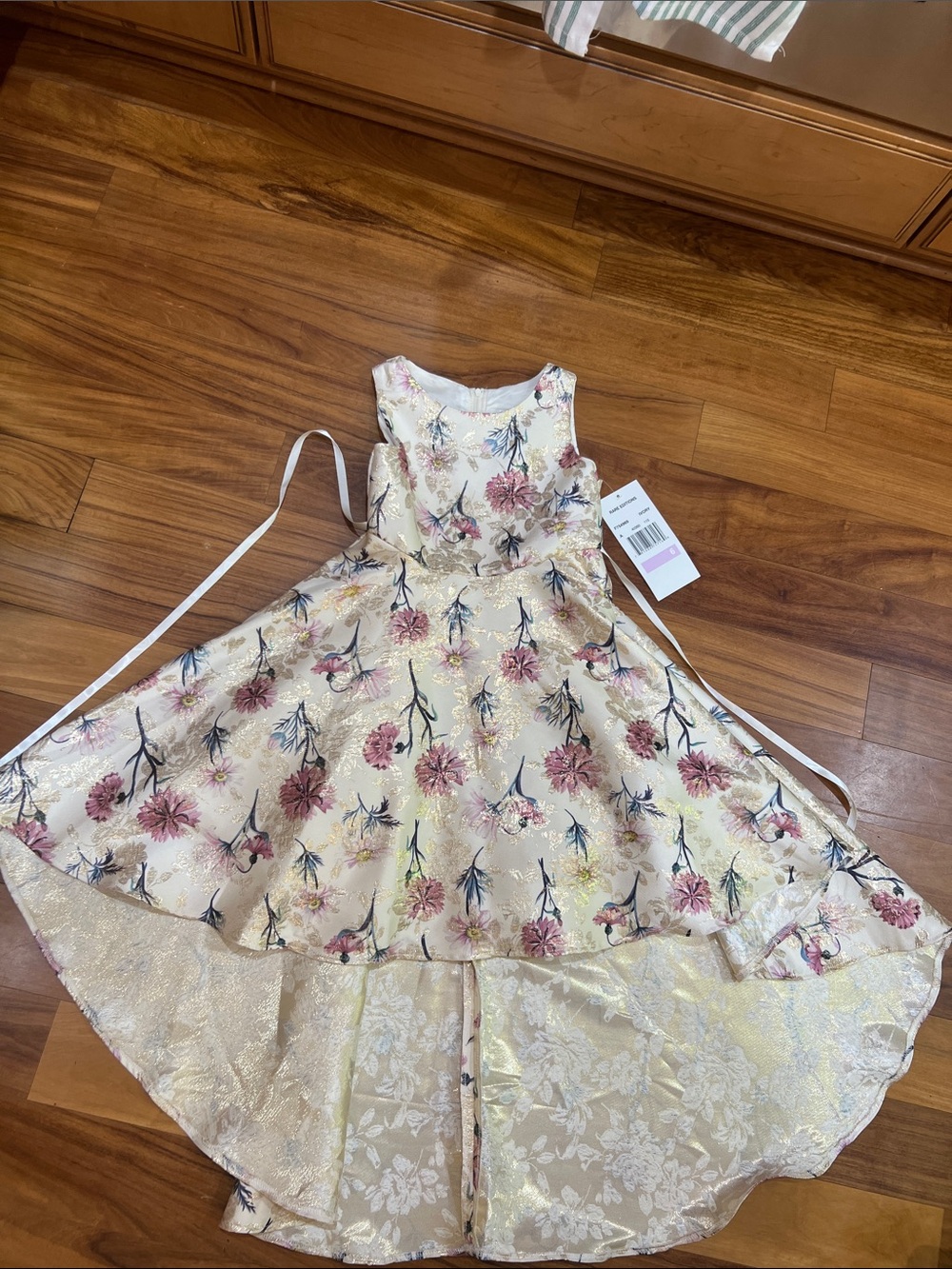 Rare Editions Cream Floral High-Low Party Dress with Pink Blooms